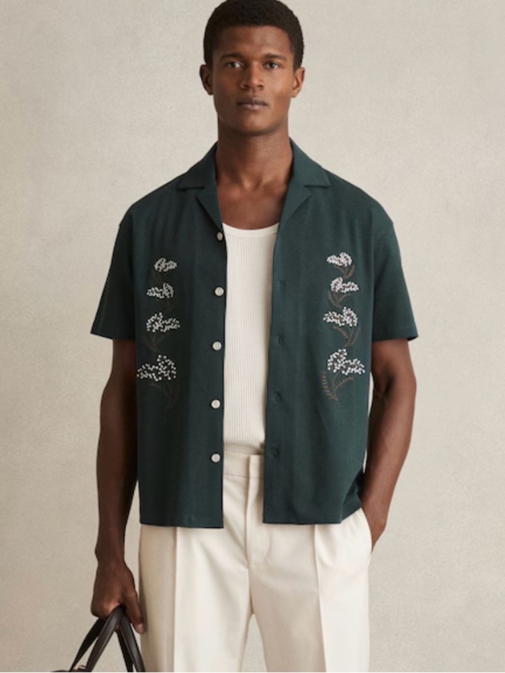 Reiss Goya Button Up Short Sleeve Shirt Men's XL Floral Embroidered Cuban Green